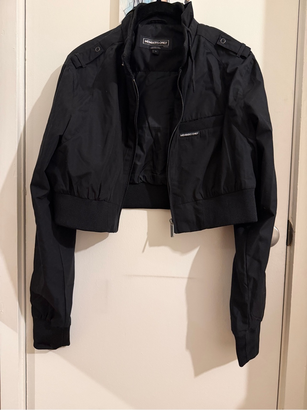 Members Only Black Women's Cropped Bomber with Epaulets